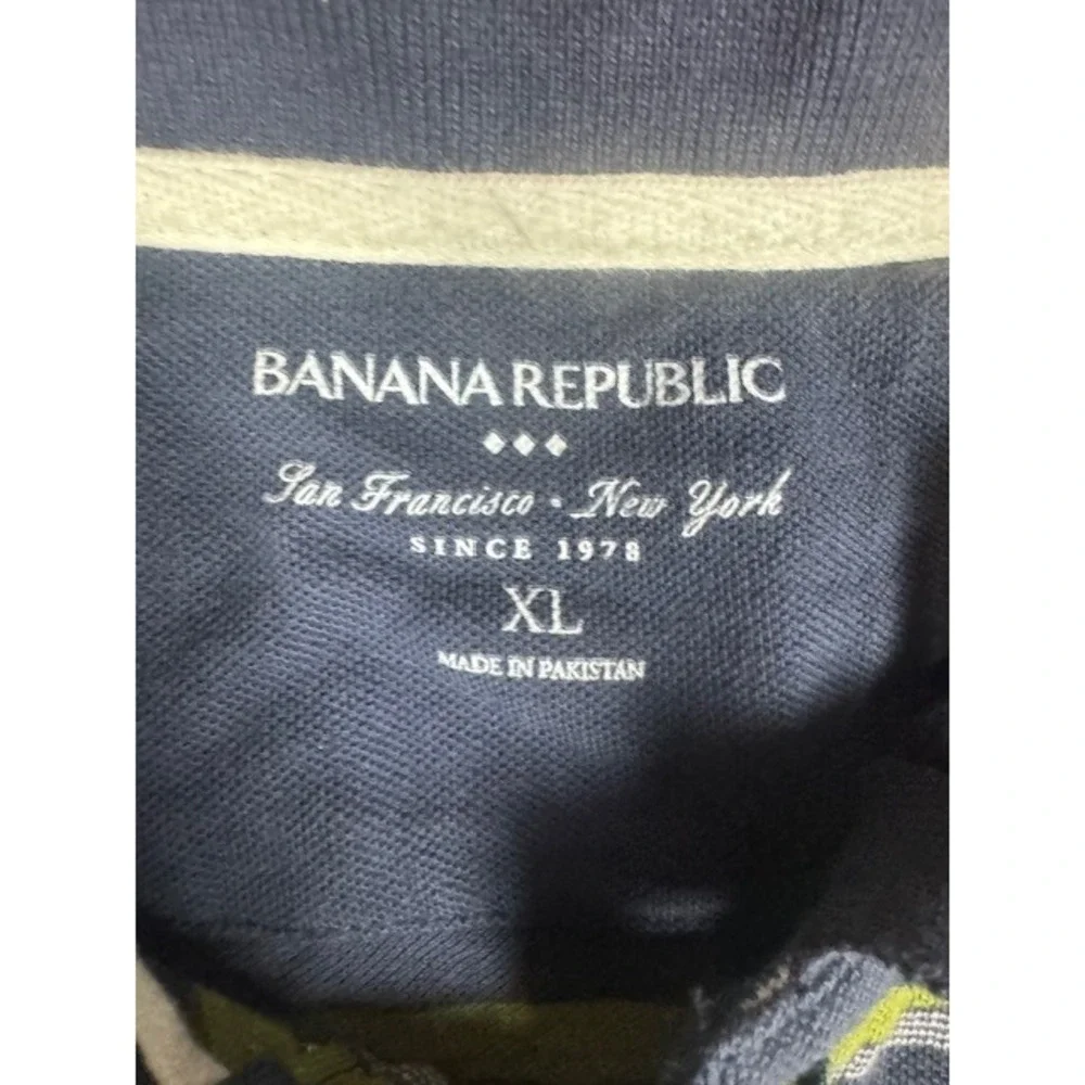 Banana Republic Polo Shirt Mens XL Navy Green Striped Cotton Pique Elephant Logo